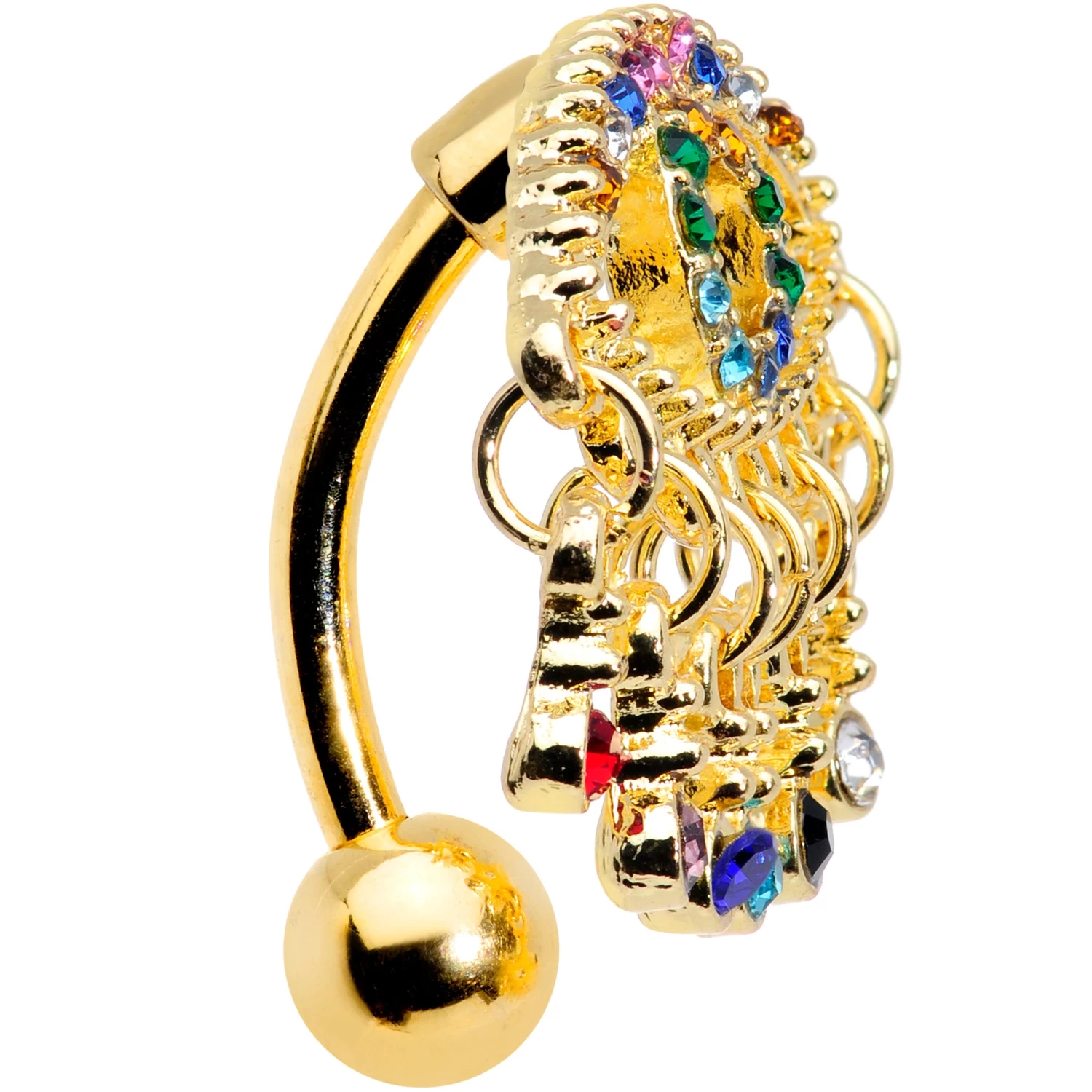 Blue Green Red Gem Gold Tone Hubris Eye Dangle Top Mount Belly Ring 2 Blue Green Red Gem Gold Tone Hubris Eye Dangle Top Mount Belly Ring - Image 2