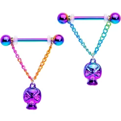 Gaby 14 Gauge 3/4 Rainbow Plated Scary Skull Dangle Barbell Nipple Ring Set