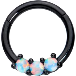 16 Gauge 5/16 White Synthetic Opal Black Trio Hinged Segment Ring