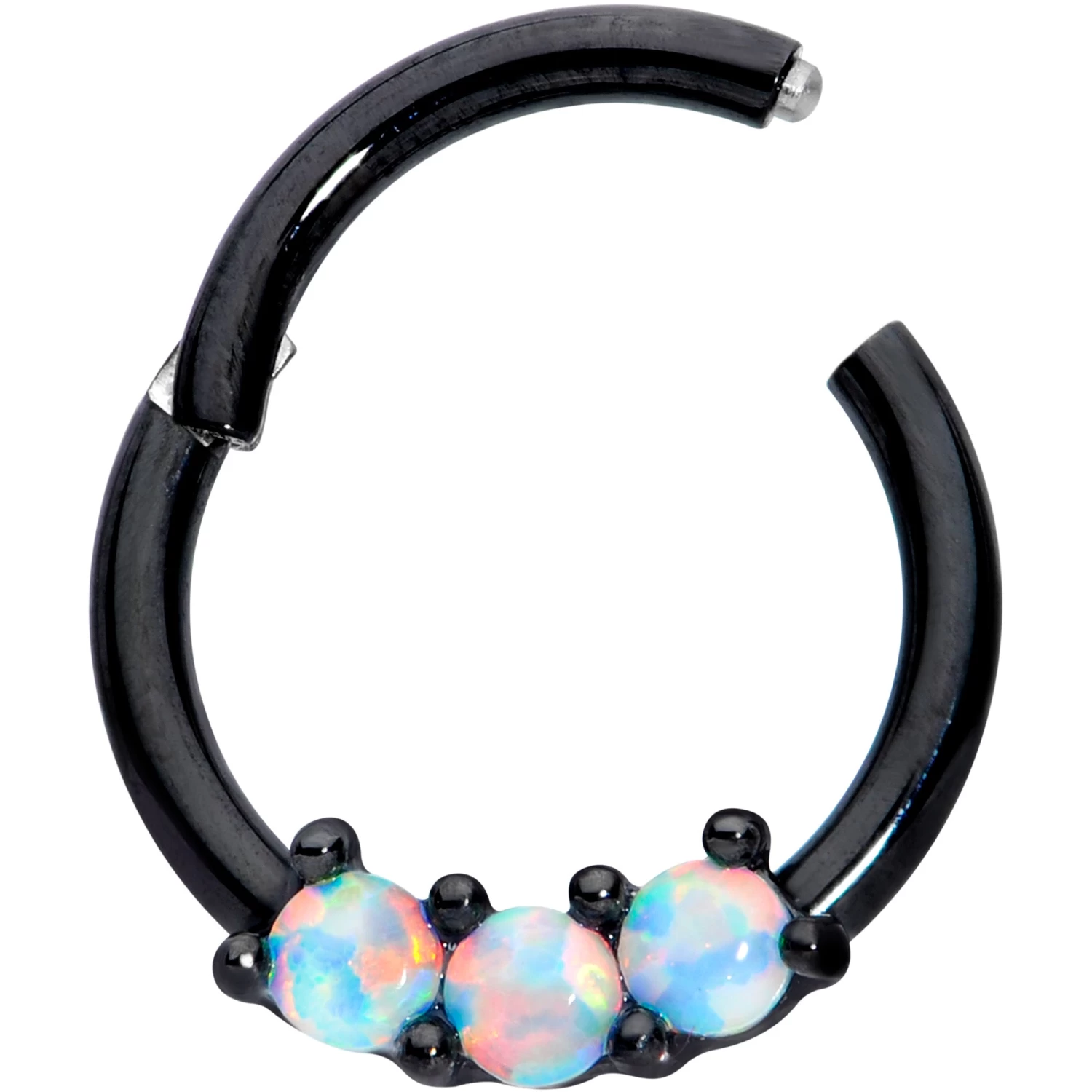 16 Gauge 5/16 White Synthetic Opal Black Trio Hinged Segment Ring 2 16 Gauge 5/16 White Synthetic Opal Black Trio Hinged Segment Ring - Image 2