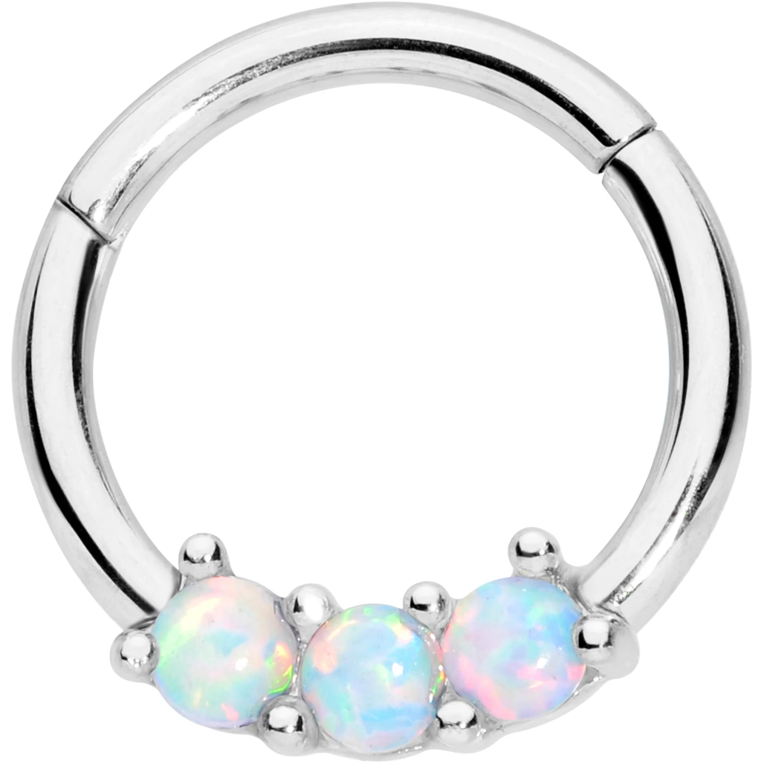 16 Gauge 5/16 White Synthetic Opal Trio Hinged Segment Ring 1 16 Gauge 5/16 White Synthetic Opal Trio Hinged Segment Ring