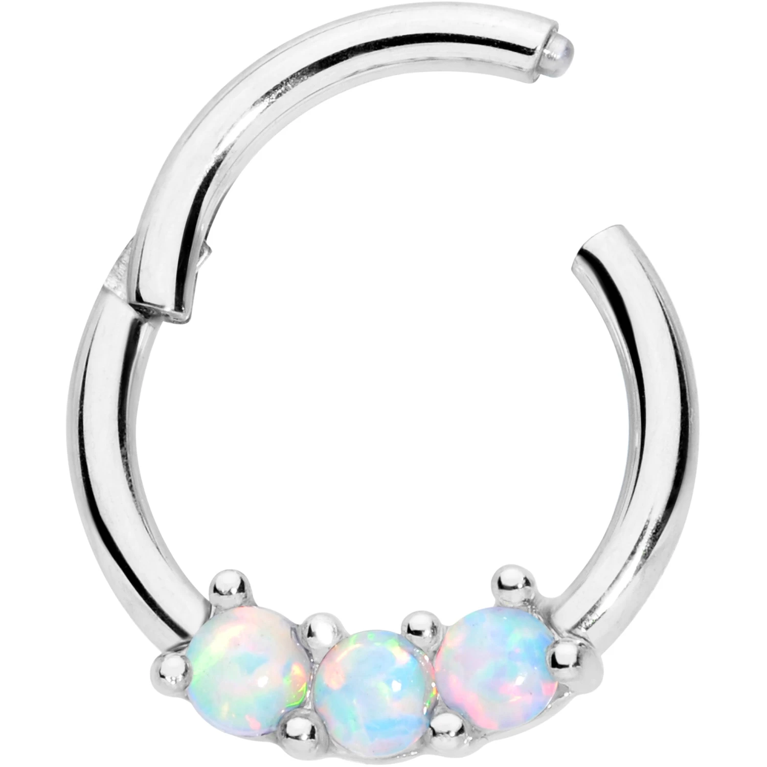 16 Gauge 5/16 White Synthetic Opal Trio Hinged Segment Ring 2 16 Gauge 5/16 White Synthetic Opal Trio Hinged Segment Ring - Image 2