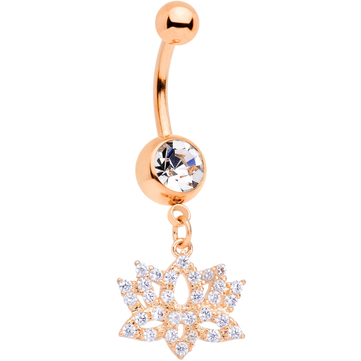 Clear CZ Gem Rose Gold Tone Lotus Flower Dangle Belly Ring 1 Clear CZ Gem Rose Gold Tone Lotus Flower Dangle Belly Ring