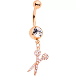 Clear CZ Gem Rose Gold Tone Shear Scissors Dangle Belly Ring
