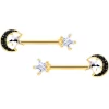 14 Gauge 5/8 Clear CZ Gem Gold Tone Black Moon Barbell Nipple Ring Set