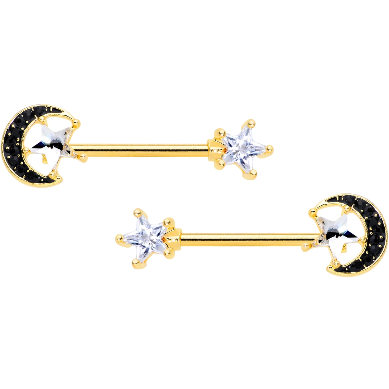 14 Gauge 5/8 Clear CZ Gem Gold Tone Black Moon Barbell Nipple Ring Set 1 14 Gauge 5/8 Clear CZ Gem Gold Tone Black Moon Barbell Nipple Ring Set