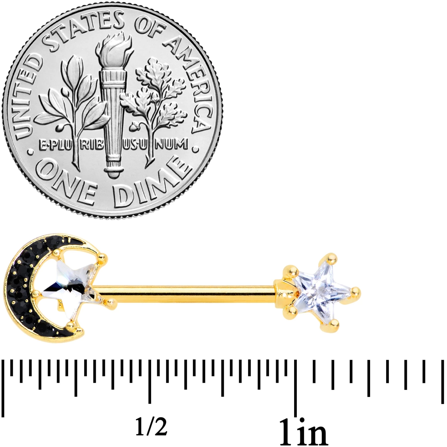 14 Gauge 5/8 Clear CZ Gem Gold Tone Black Moon Barbell Nipple Ring Set 2 14 Gauge 5/8 Clear CZ Gem Gold Tone Black Moon Barbell Nipple Ring Set - Image 2