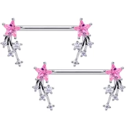14 Gauge 5/8 Pink Clear CZ Gem Shooting Star Barbell Nipple Ring Set