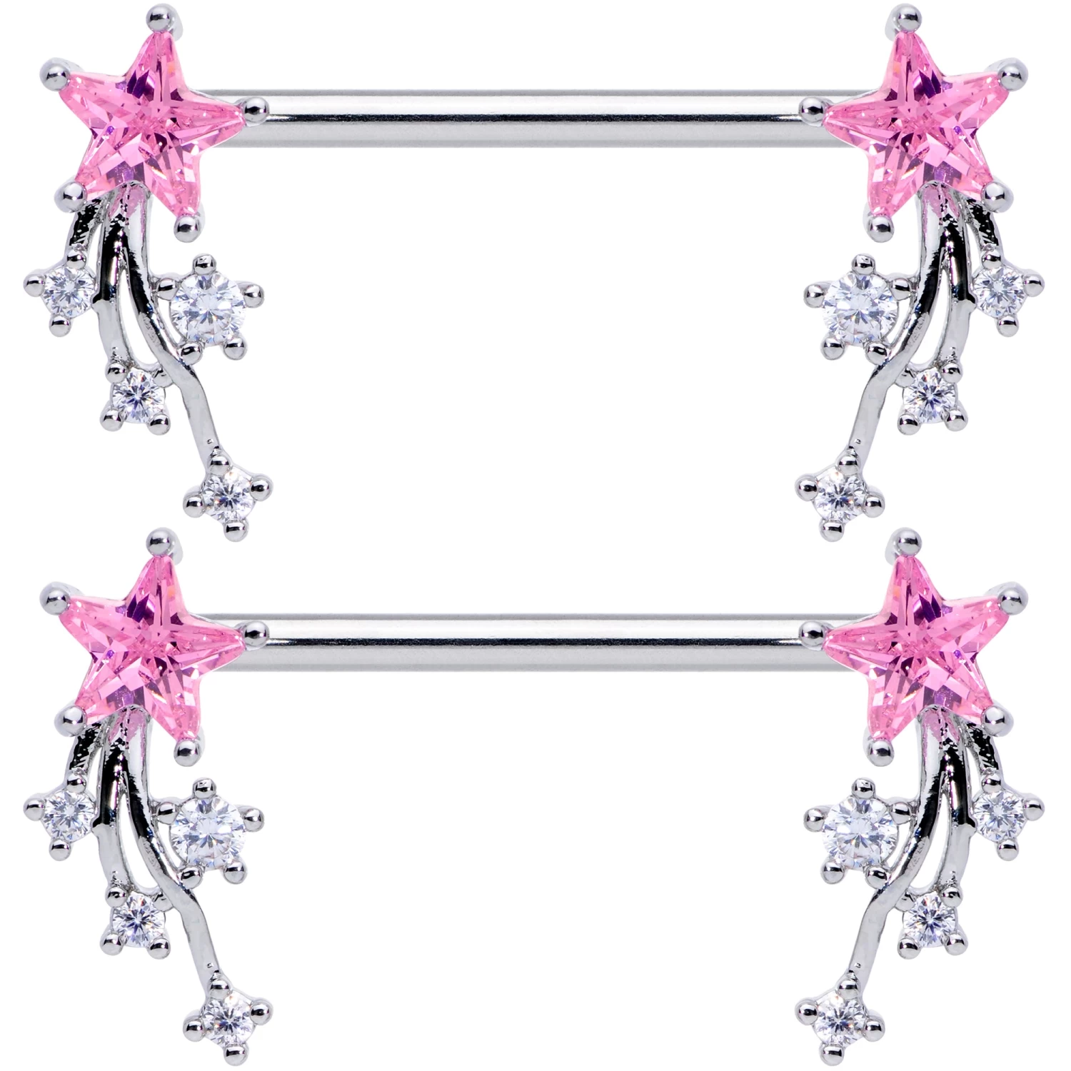 14 Gauge 5/8 Pink Clear CZ Gem Shooting Star Barbell Nipple Ring Set 2 14 Gauge 5/8 Pink Clear CZ Gem Shooting Star Barbell Nipple Ring Set - Image 2