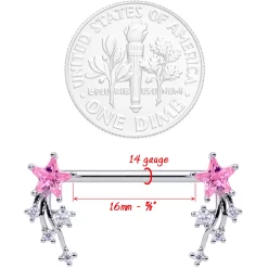 14 Gauge 5/8 Pink Clear CZ Gem Shooting Star Barbell Nipple Ring Set 5 14 Gauge 5/8 Pink Clear CZ Gem Shooting Star Barbell Nipple Ring Set -Body Jewelry Store 69584.otherimage2