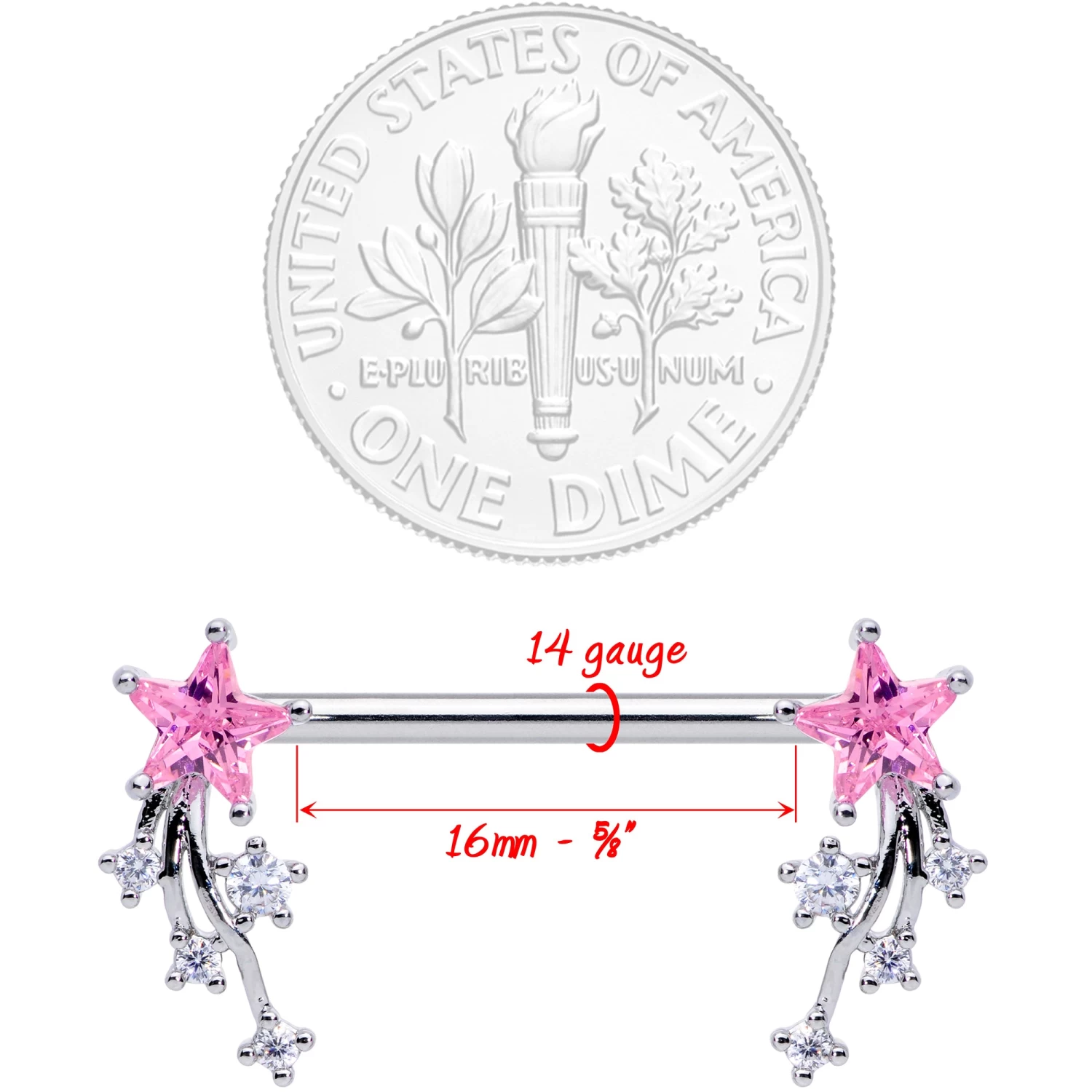 14 Gauge 5/8 Pink Clear CZ Gem Shooting Star Barbell Nipple Ring Set 3 14 Gauge 5/8 Pink Clear CZ Gem Shooting Star Barbell Nipple Ring Set - Image 3