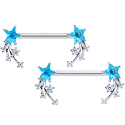 14 Gauge 5/8 Aqua Clear CZ Gem Shooting Star Barbell Nipple Ring Set