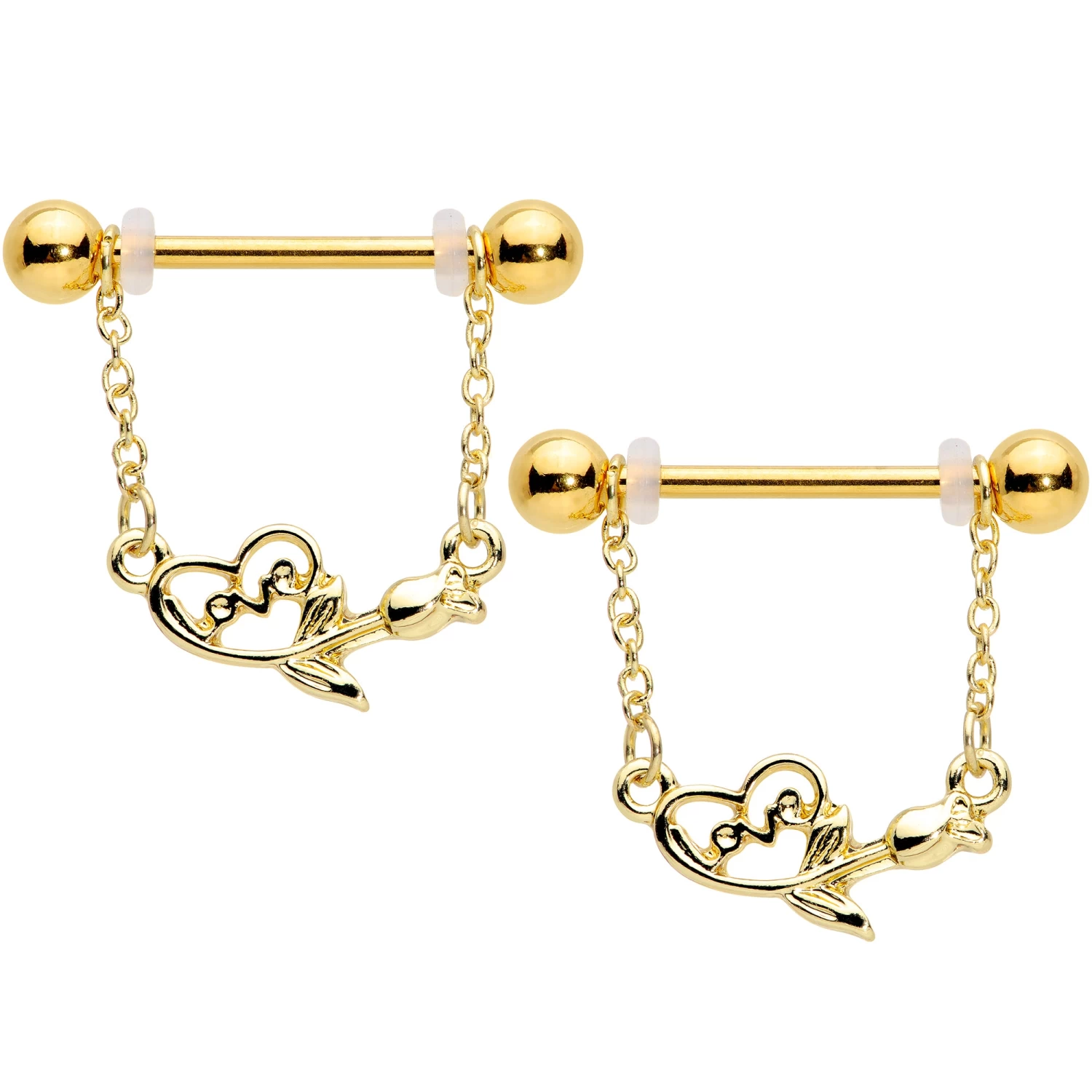 Gaby 14 Gauge 11/16 Gold Tone Love Rose Dangle Nipple Ring Set 1 Gaby 14 Gauge 11/16 Gold Tone Love Rose Dangle Nipple Ring Set