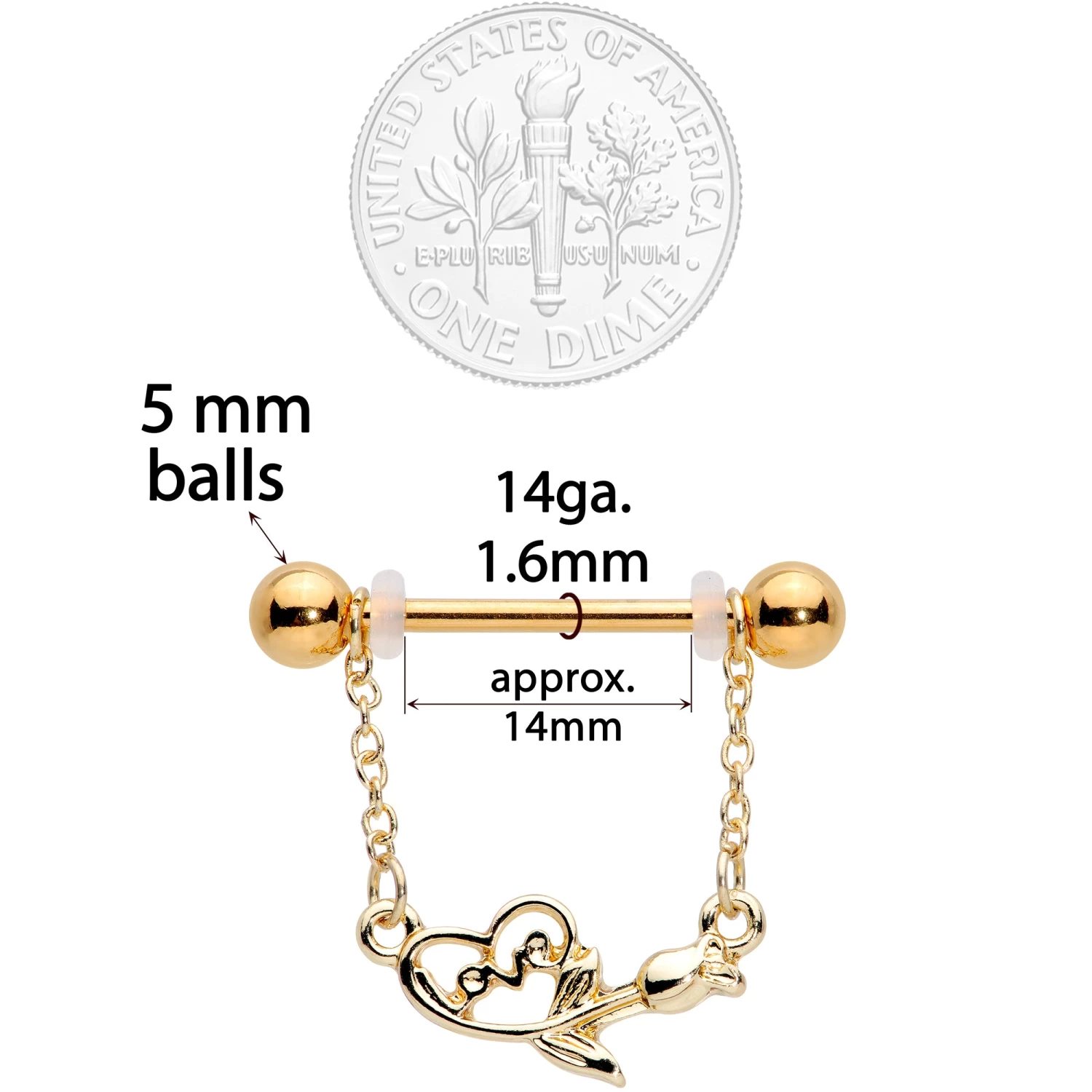 Gaby 14 Gauge 11/16 Gold Tone Love Rose Dangle Nipple Ring Set 3 Gaby 14 Gauge 11/16 Gold Tone Love Rose Dangle Nipple Ring Set - Image 3