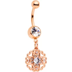 Clear CZ Gem Rose Gold Tone Hearts Dangle Belly Ring