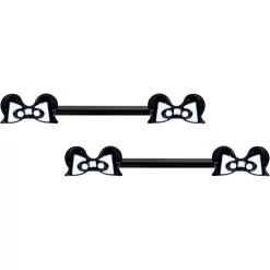 Gaby 14 Gauge 9/16 Black White Formal Bow Barbell Nipple Ring Set