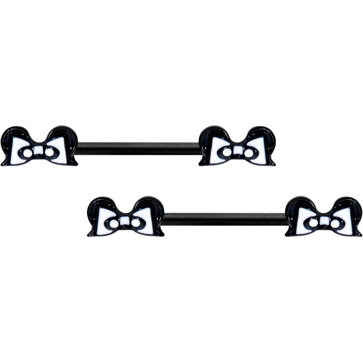 Gaby 14 Gauge 9/16 Black White Formal Bow Barbell Nipple Ring Set 1 Gaby 14 Gauge 9/16 Black White Formal Bow Barbell Nipple Ring Set