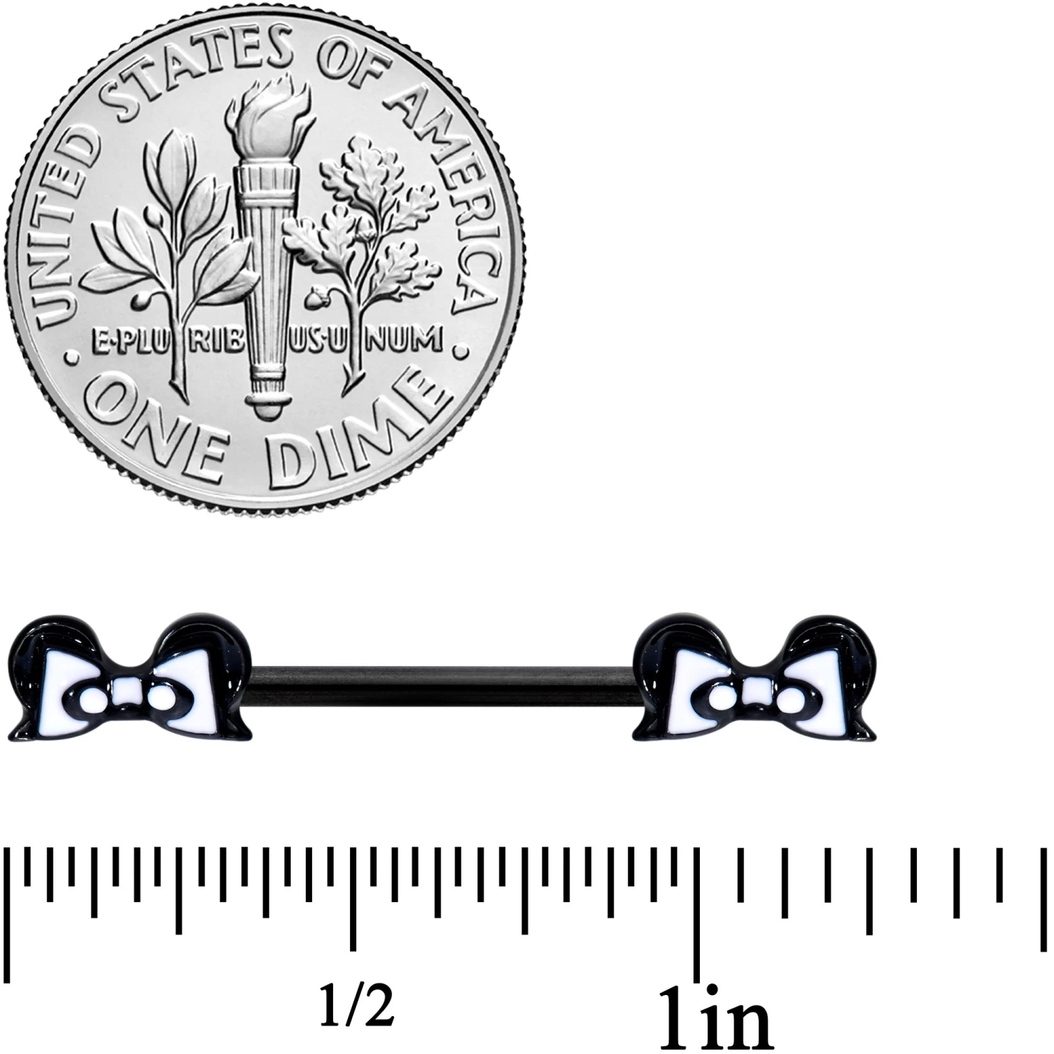 Gaby 14 Gauge 9/16 Black White Formal Bow Barbell Nipple Ring Set 2 Gaby 14 Gauge 9/16 Black White Formal Bow Barbell Nipple Ring Set - Image 2