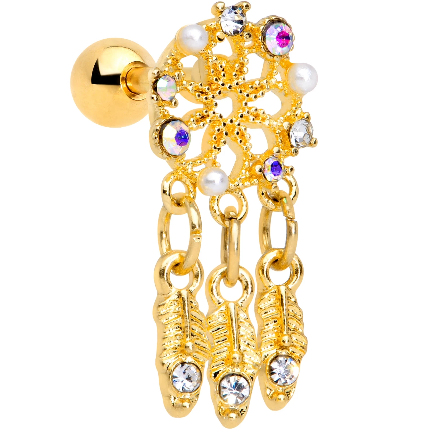 16 Gauge 1/4 Aurora CZ Gold Tone Dreamcatcher Feather Dangle Cartilage 1 16 Gauge 1/4 Aurora CZ Gold Tone Dreamcatcher Feather Dangle Cartilage