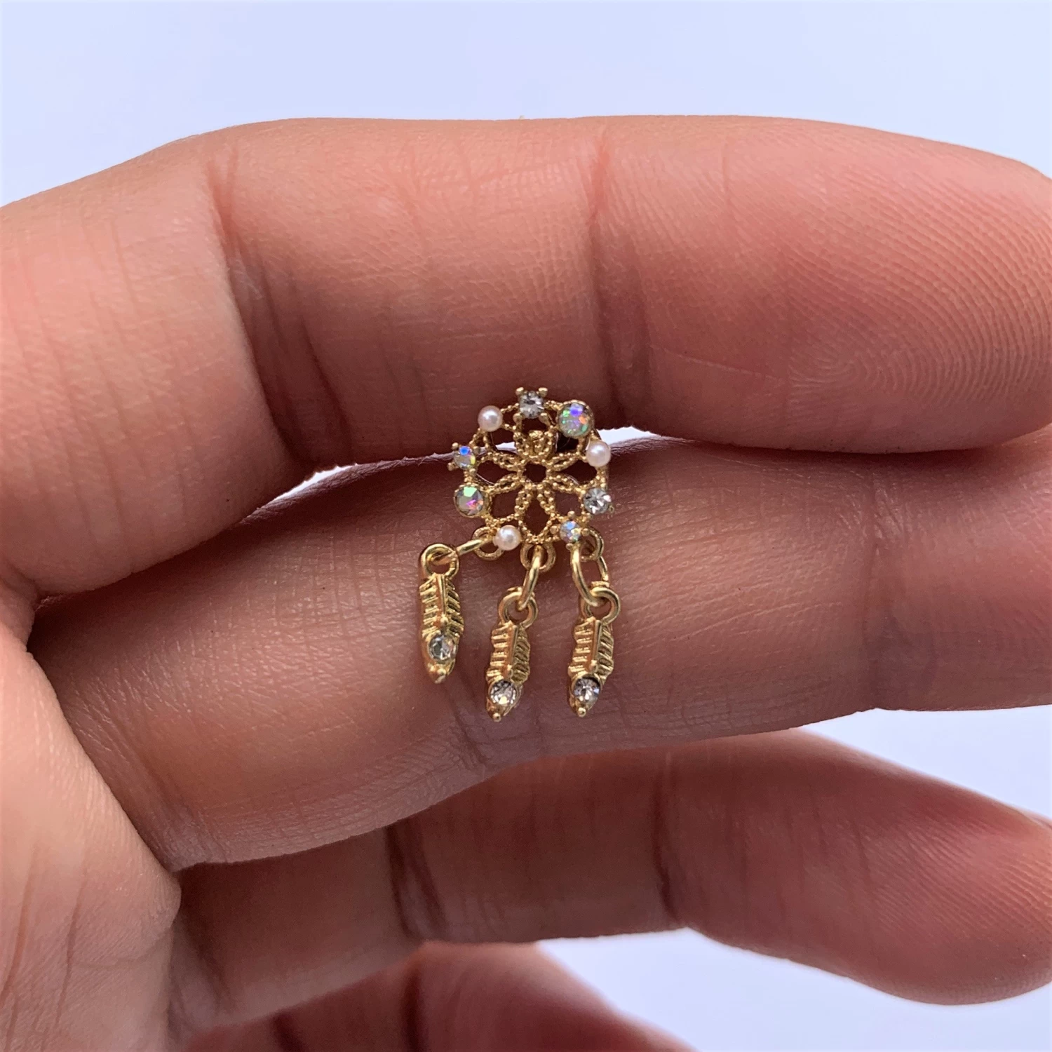 16 Gauge 1/4 Aurora CZ Gold Tone Dreamcatcher Feather Dangle Cartilage 2 16 Gauge 1/4 Aurora CZ Gold Tone Dreamcatcher Feather Dangle Cartilage - Image 2