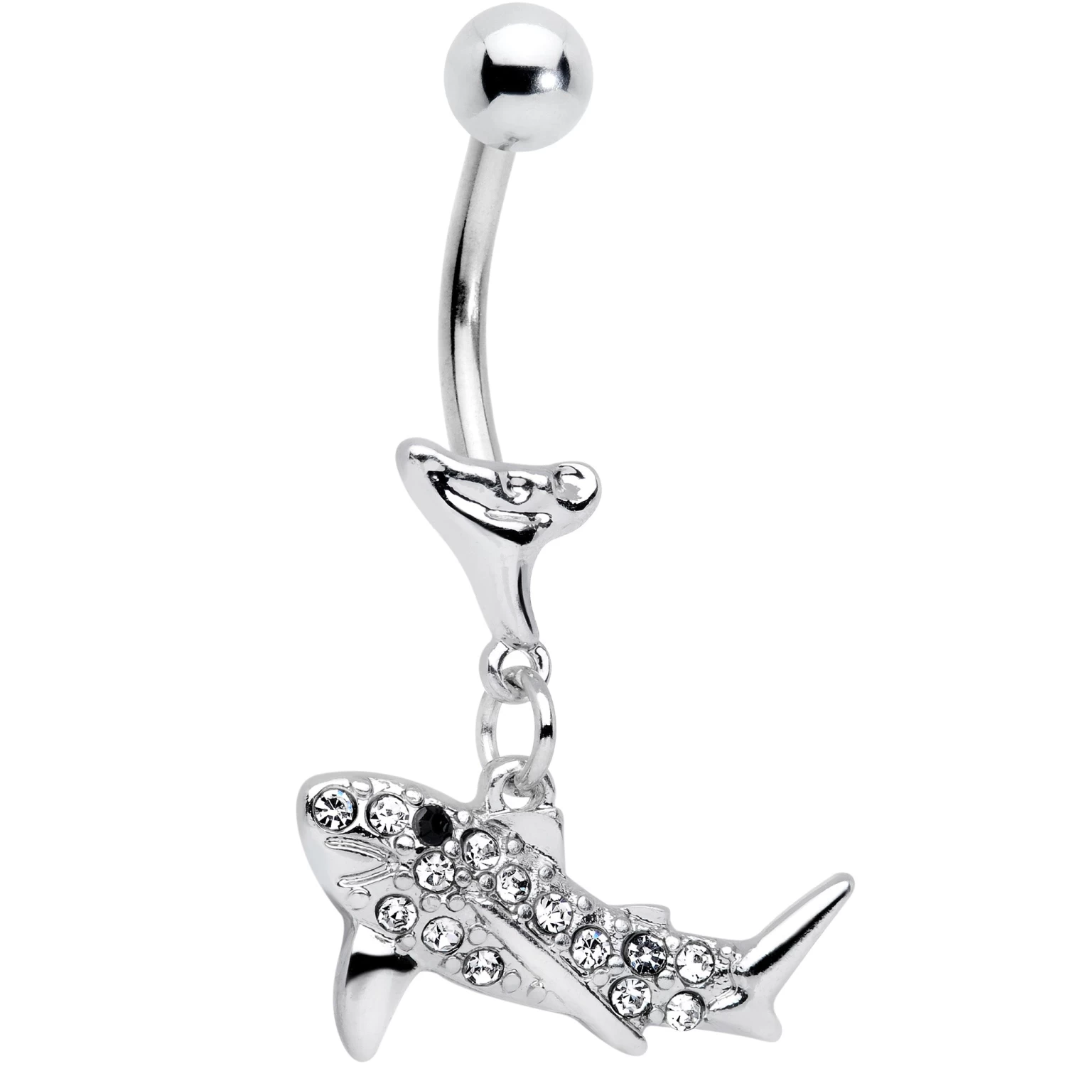 Clear Black Gem Shark Dangle Belly Ring 1 Clear Black Gem Shark Dangle Belly Ring