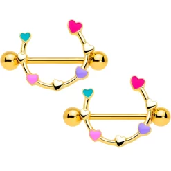 14 Gauge 9/16 Gold Tone Little Rainbow Hearts Nipple Shield Set