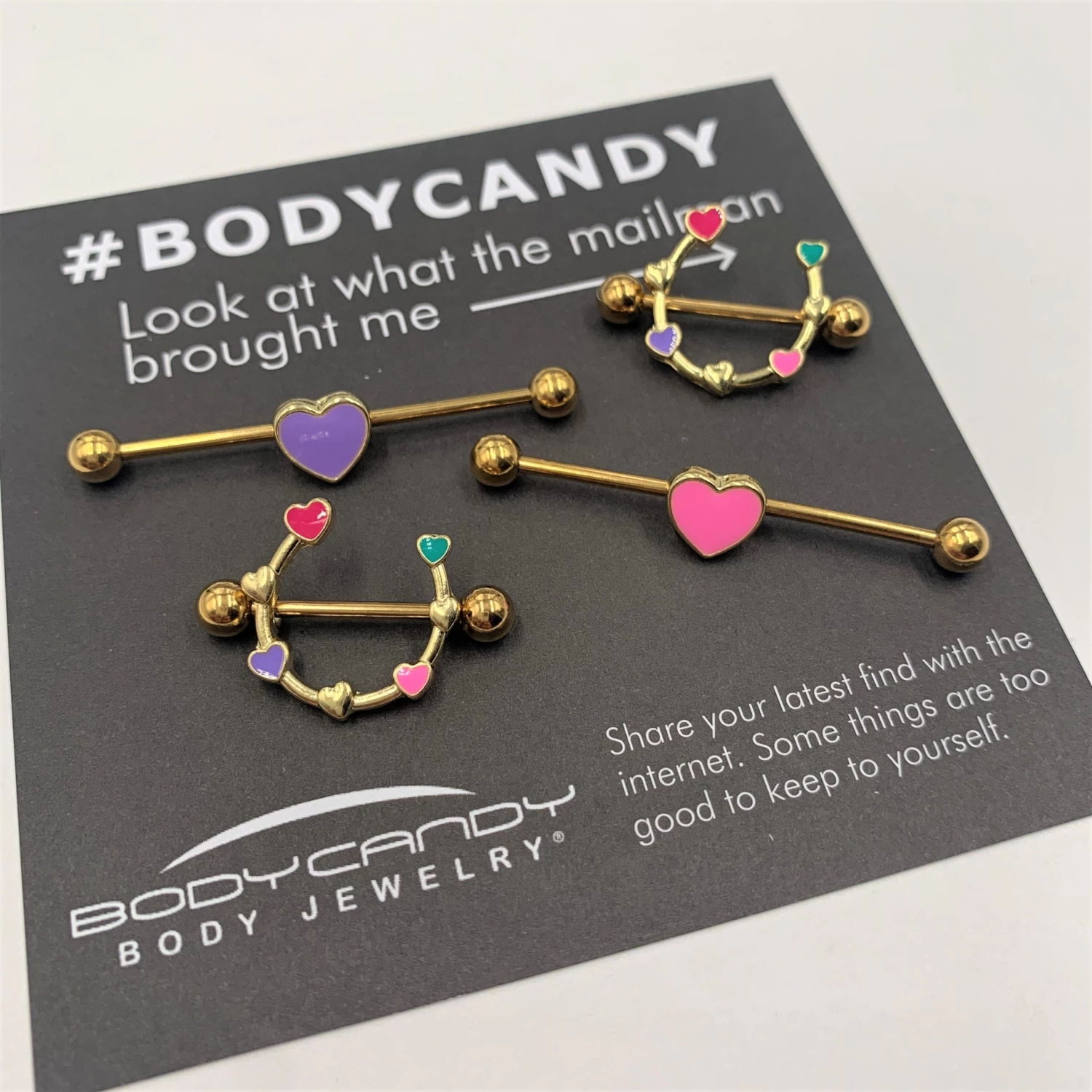 14 Gauge 9/16 Gold Tone Little Rainbow Hearts Nipple Shield Set 3 14 Gauge 9/16 Gold Tone Little Rainbow Hearts Nipple Shield Set - Image 3