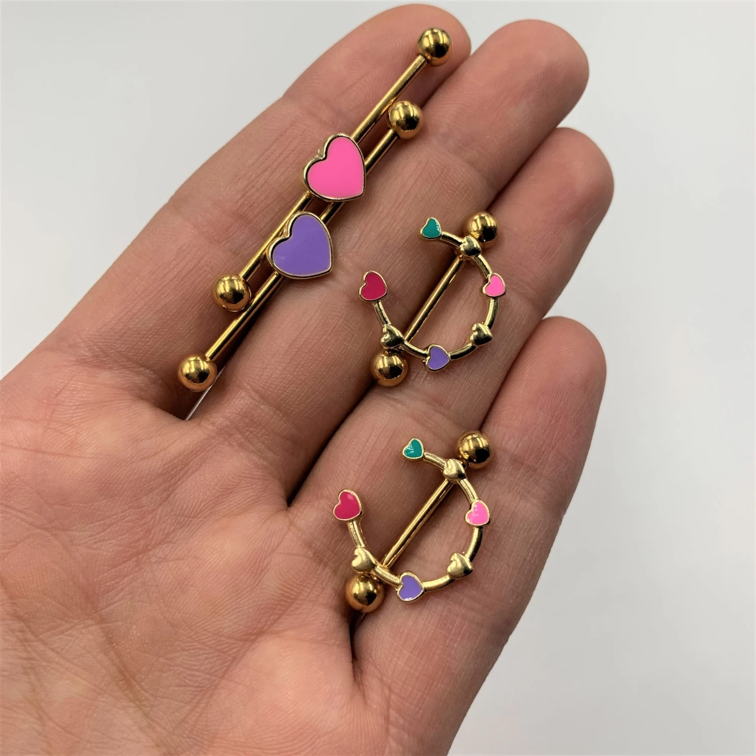 14 Gauge 9/16 Gold Tone Little Rainbow Hearts Nipple Shield Set 2 14 Gauge 9/16 Gold Tone Little Rainbow Hearts Nipple Shield Set - Image 2