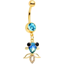 Gaby Clear Aqua Gem Gold Tone Happy Fish Dangle Belly Ring