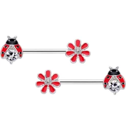 Gaby 14 Gauge 9/16 Clear Gem Red Ladybug Flower Barbell Nipple Ring Set