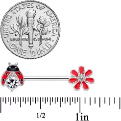 Gaby 14 Gauge 9/16 Clear Gem Red Ladybug Flower Barbell Nipple Ring Set -Body Jewelry Store 70325.otherimage1