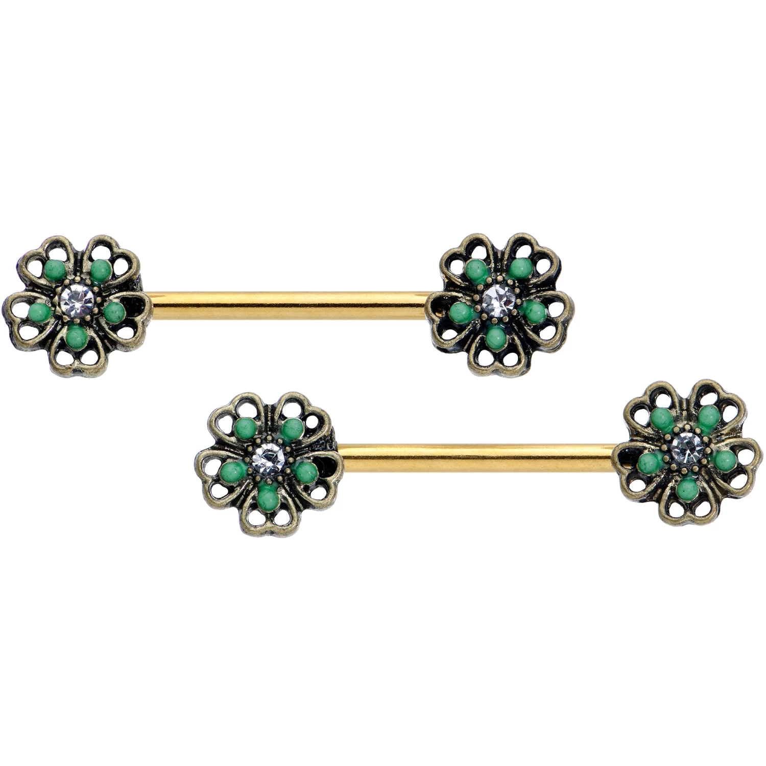 14 Gauge 9/16 Gold Tone Green Flower St Patricks Day Nipple Ring Set 1 14 Gauge 9/16 Gold Tone Green Flower St Patricks Day Nipple Ring Set