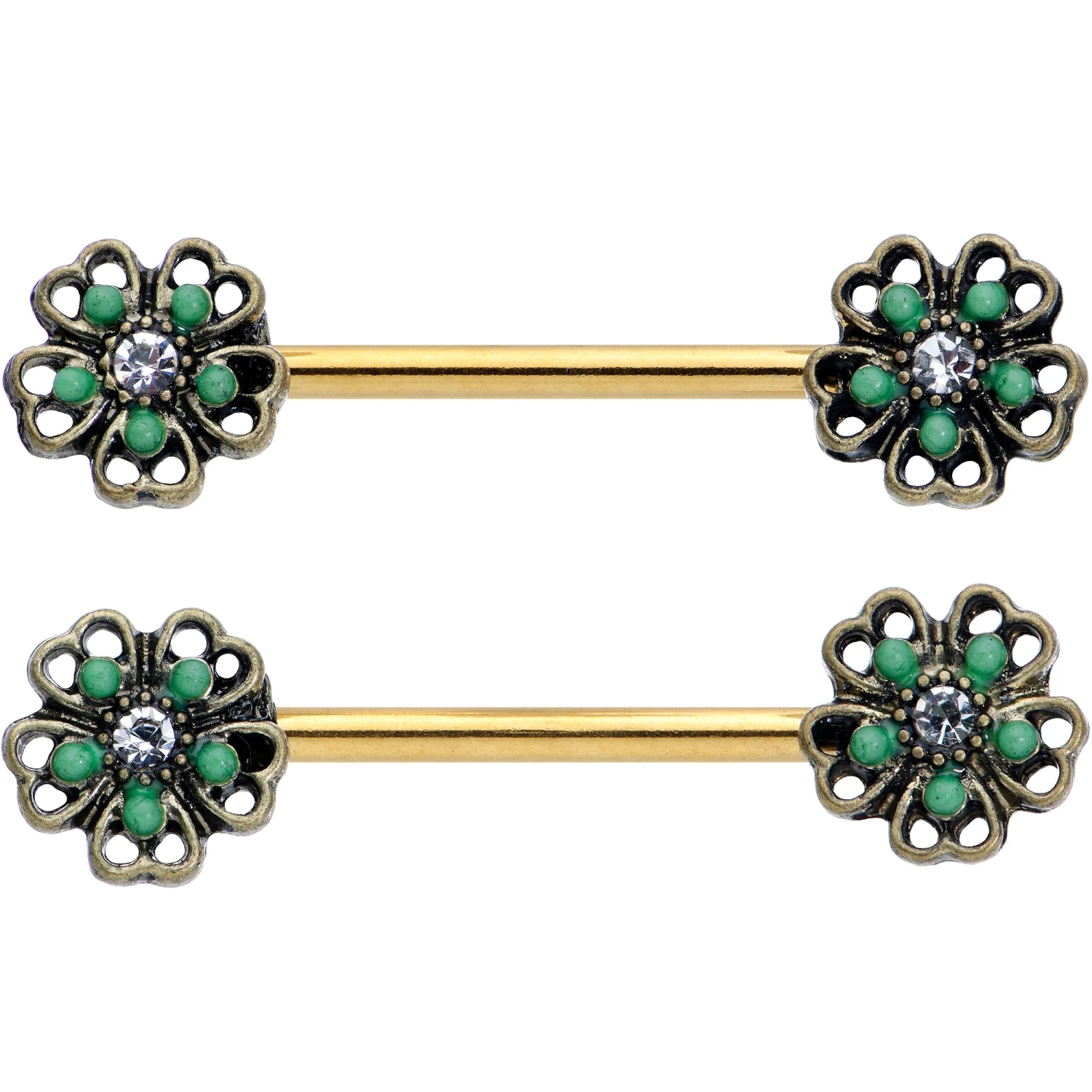 14 Gauge 9/16 Gold Tone Green Flower St Patricks Day Nipple Ring Set 2 14 Gauge 9/16 Gold Tone Green Flower St Patricks Day Nipple Ring Set - Image 2