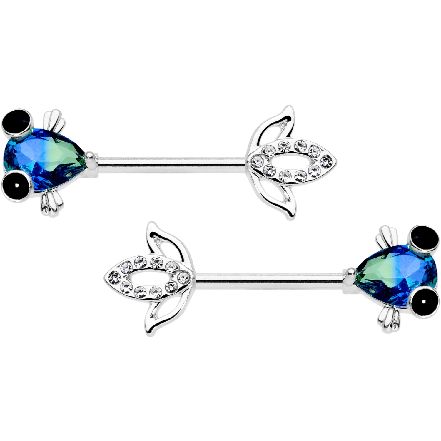 Gaby 14 Gauge 9/16 Clear Aqua Gem Fish Barbell Nipple Ring Set 1 Gaby 14 Gauge 9/16 Clear Aqua Gem Fish Barbell Nipple Ring Set