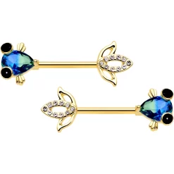 Gaby 14 Gauge 9/16 Aqua Gem Gold Tone Fish Barbell Nipple Ring Set