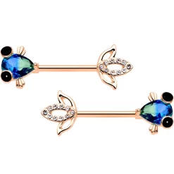 Gaby 14 Gauge 9/16 Aqua Gem Rose Gold Tone Fish Barbell Nipple Ring Set