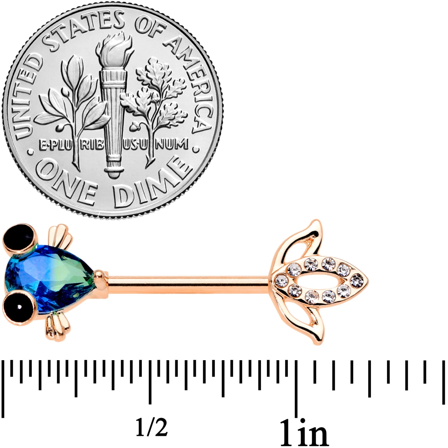 Gaby 14 Gauge 9/16 Aqua Gem Rose Gold Tone Fish Barbell Nipple Ring Set 3 Gaby 14 Gauge 9/16 Aqua Gem Rose Gold Tone Fish Barbell Nipple Ring Set - Image 3
