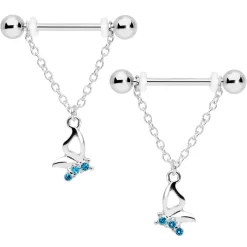 Gaby 14 Gauge 5/8 Aqua Gem Hollow Butterfly Chain Dangle Nipple Ring Set
