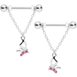 Gaby 14 Gauge 5/8 Pink Gem Butterfly Dangle Nipple Ring Set