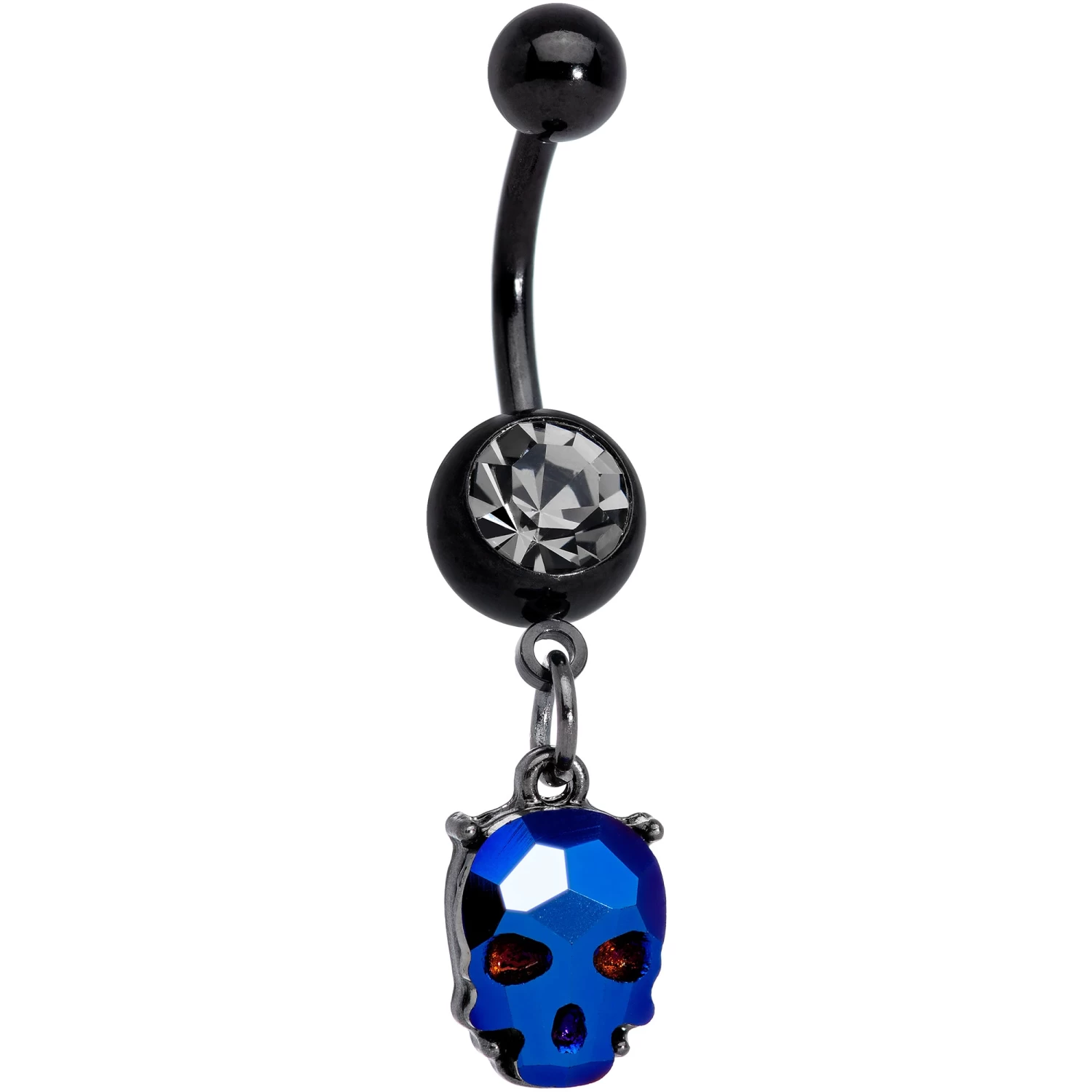 Clear Blue Gem Black Sugar Skull Dangle Belly Ring 1 Clear Blue Gem Black Sugar Skull Dangle Belly Ring