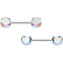 14 Gauge 1/2 Aurora CZ Gem Threadless Barbell Nipple Ring Set