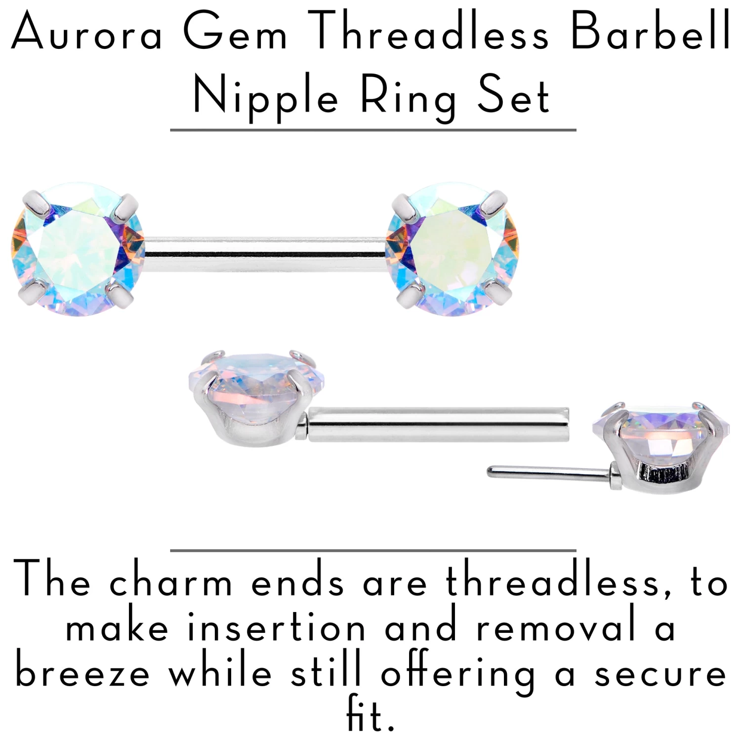 14 Gauge 1/2 Aurora CZ Gem Threadless Barbell Nipple Ring Set 2 14 Gauge 1/2 Aurora CZ Gem Threadless Barbell Nipple Ring Set - Image 2