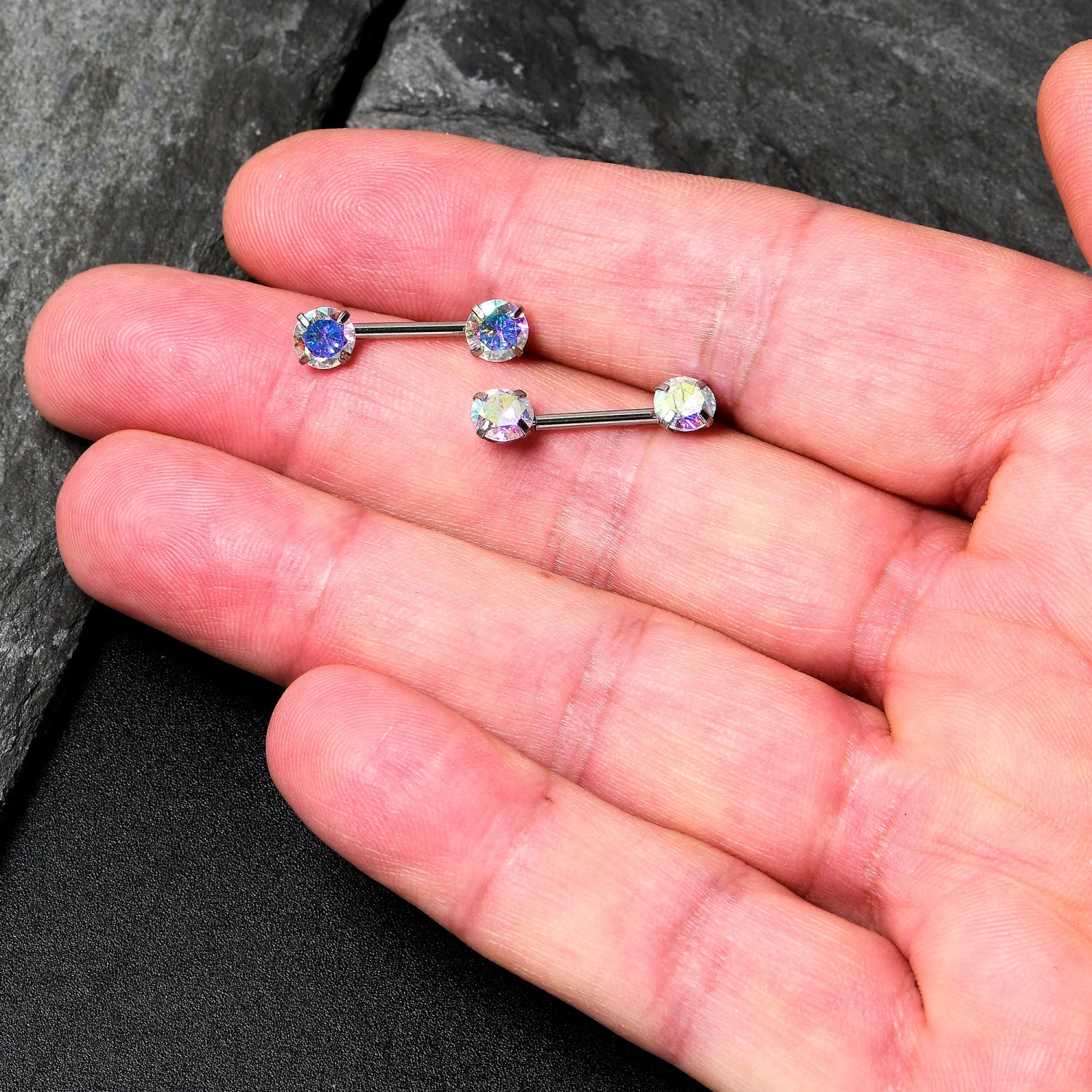 14 Gauge 1/2 Aurora CZ Gem Threadless Barbell Nipple Ring Set 3 14 Gauge 1/2 Aurora CZ Gem Threadless Barbell Nipple Ring Set - Image 3