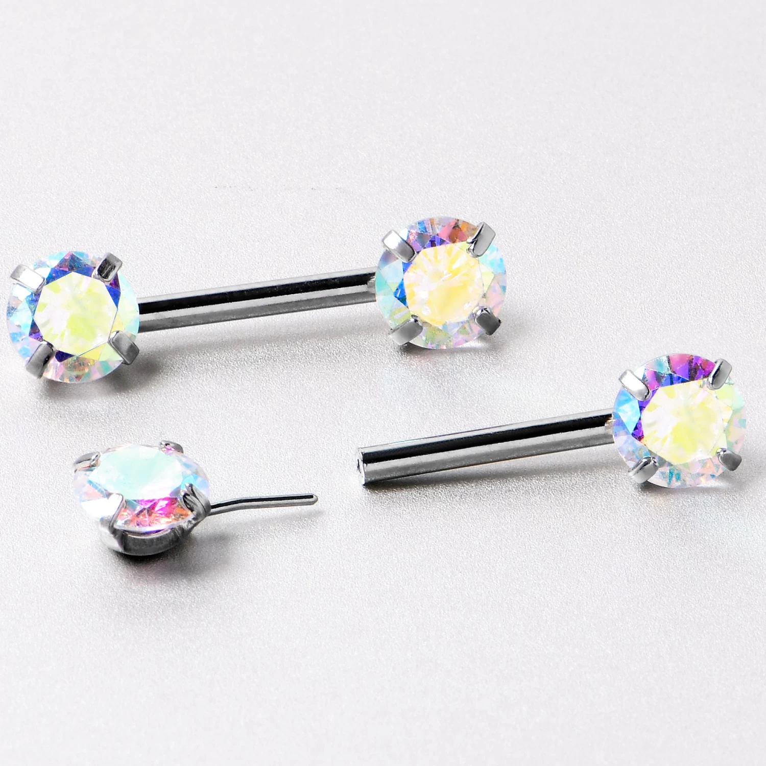 14 Gauge 1/2 Aurora CZ Gem Threadless Barbell Nipple Ring Set 4 14 Gauge 1/2 Aurora CZ Gem Threadless Barbell Nipple Ring Set - Image 4
