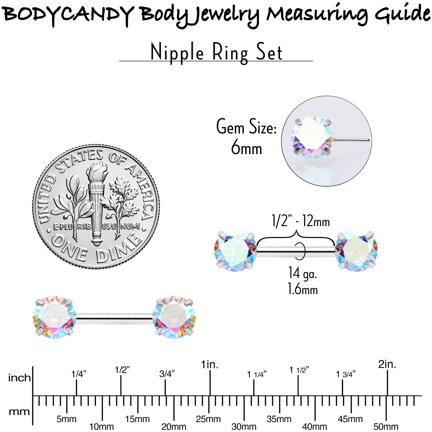 14 Gauge 1/2 Aurora CZ Gem Threadless Barbell Nipple Ring Set 7 14 Gauge 1/2 Aurora CZ Gem Threadless Barbell Nipple Ring Set - Image 7