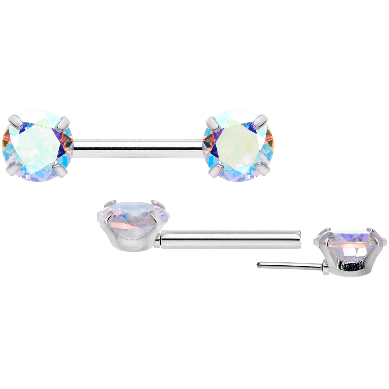 14 Gauge 1/2 Aurora CZ Gem Threadless Barbell Nipple Ring Set 8 14 Gauge 1/2 Aurora CZ Gem Threadless Barbell Nipple Ring Set - Image 8
