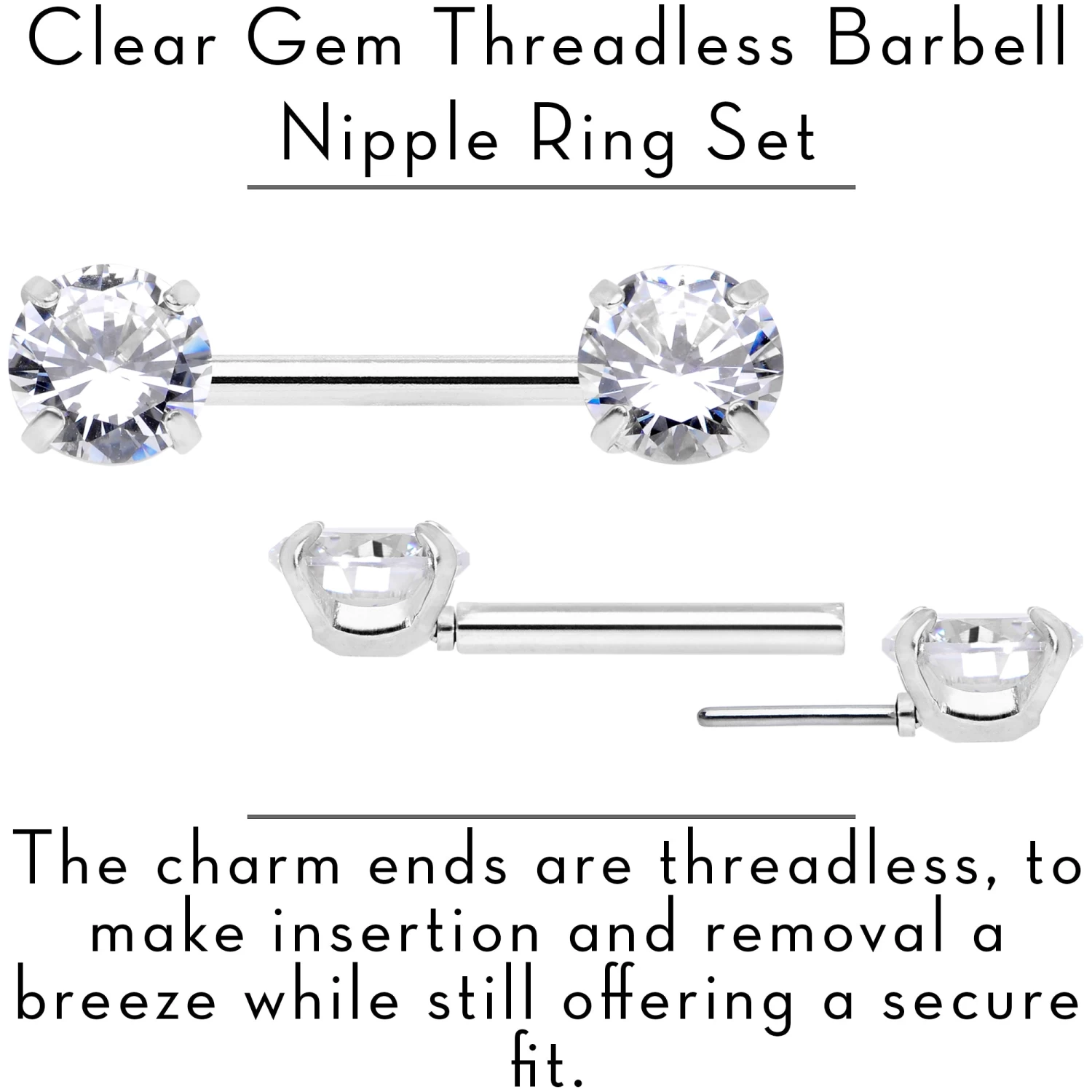 14 Gauge 1/2 Clear CZ Gem Threadless Barbell Nipple Ring Set 2 14 Gauge 1/2 Clear CZ Gem Threadless Barbell Nipple Ring Set - Image 2