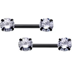 14 Gauge 1/2 Clear CZ Gem Black Threadless Barbell Nipple Ring Set