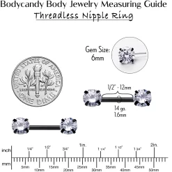 14 Gauge 1/2 Clear CZ Gem Black Threadless Barbell Nipple Ring Set -Body Jewelry Store 70630.otherimage5