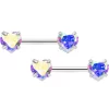 14 Gauge 1/2 Aurora CZ Gem Heart Threadless Barbell Nipple Ring Set
